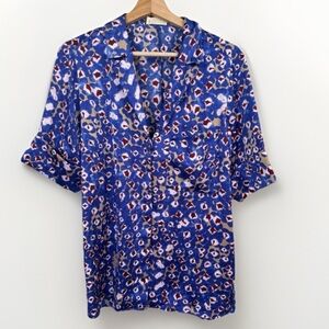 Open Edit Womens Button Up Shirt Blue Multi Abstract Cuffed Sleeve Print Size XS